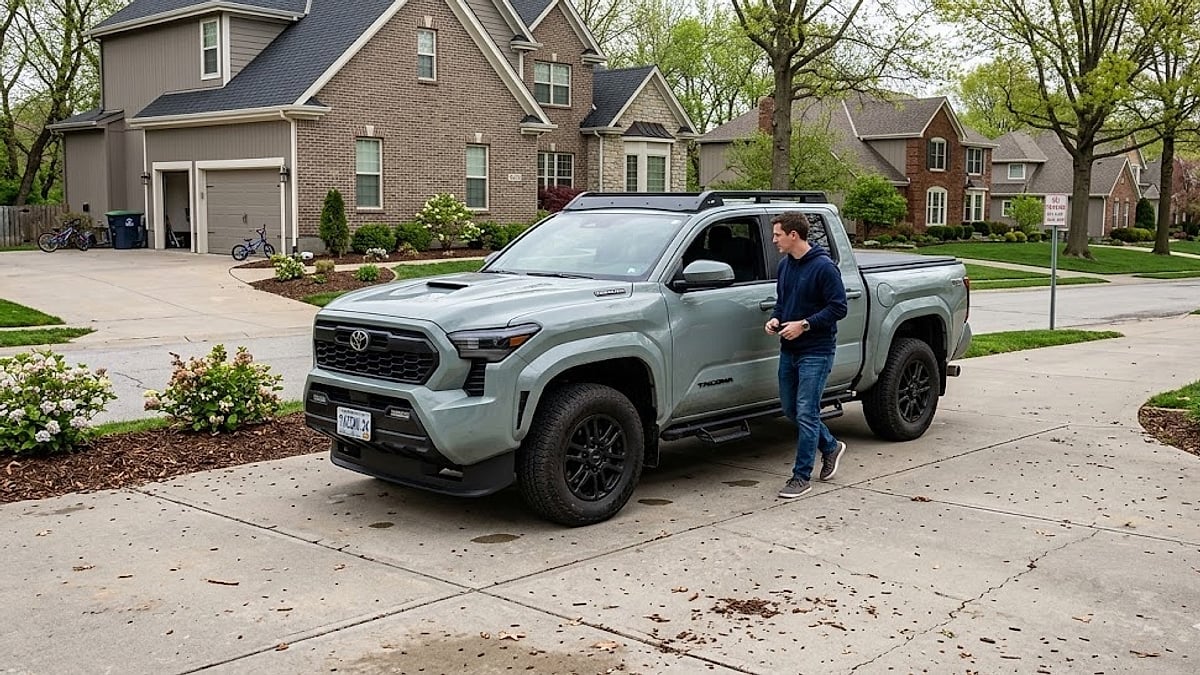 A driver steps out of a Lunar Rock 2024 Toyota Tacoma TRD Off-Road truck parked in a suburban Missouri driveway