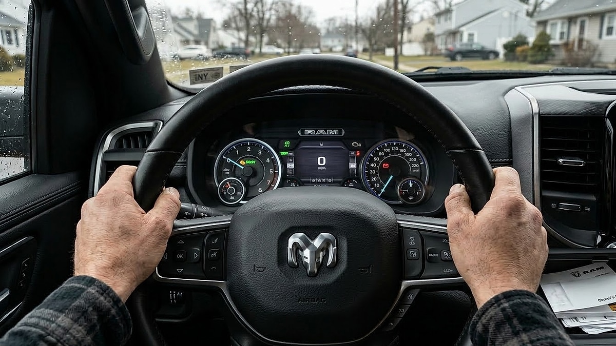 A first-person view in a 2026 Ram truck, showing hands on the steering wheel, with a full digital dashboard, and a view of a suburban neighborhood through a rainy windshield