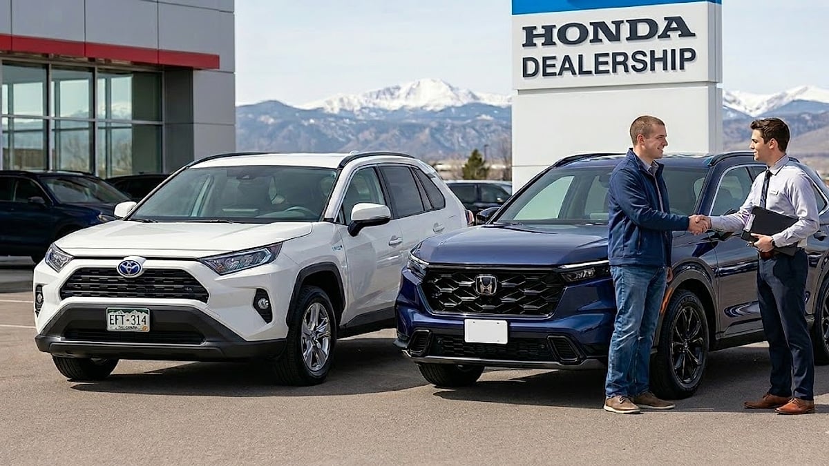 A happy customer shakes hands with a salesperson at a Parker, Colorado, Honda dealer after purchasing a new blue CR-V