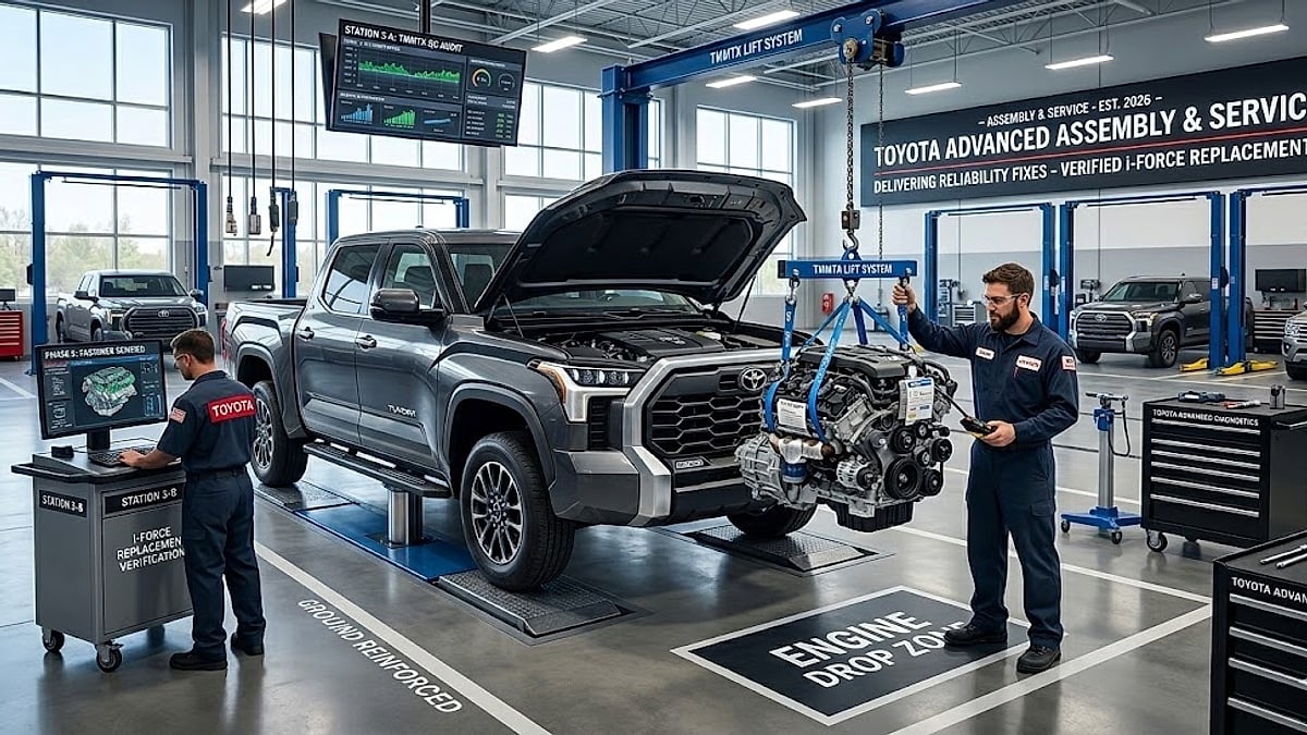 A high-tech Toyota service bay featuring a 2025 Tundra double cab with its hood up during an i-FORCE engine replacement