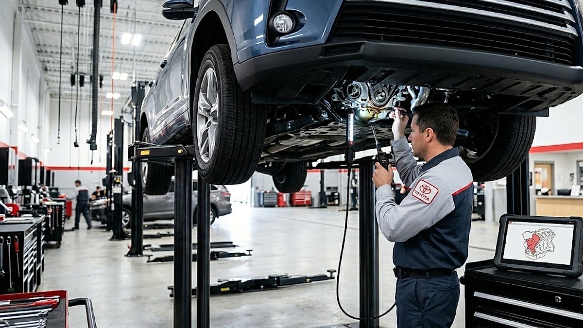 A highly professional technician conducts a thorough undercarriage inspection in a large, well-equipped service bay with advanced tools