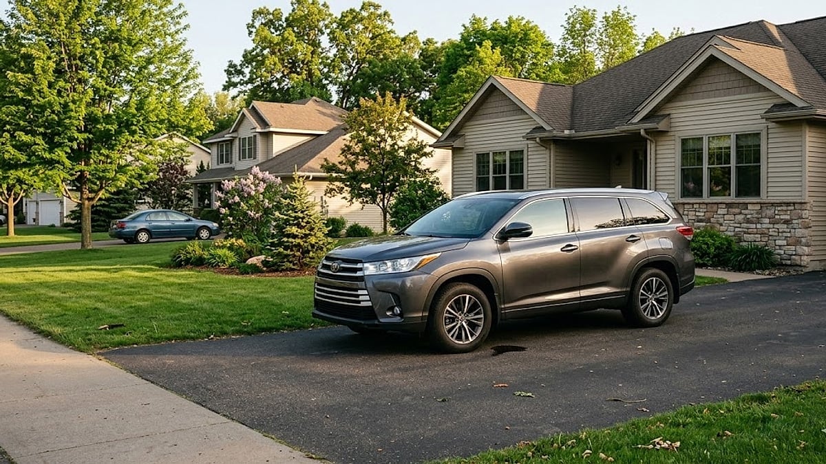 A photograph captures a gray 2019 Toyota Highlander Limited AWD in a suburban Saint Croix Falls, Wisconsin driveway