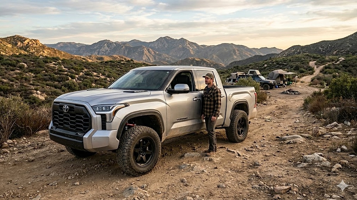 A lifted silver Toyota Tundra TRD off-road truck with a man and rooftop tent at a mountain campsite at golden hour