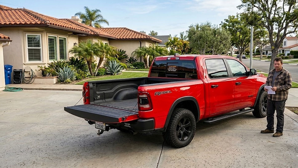 A man stands with paperwork in a driveway next to a red Ram Rebel truck with the tailgate lowered, revealing the empty bed