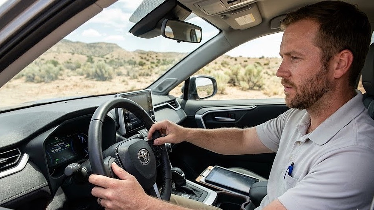 A mobile worker adjusts settings on a 2025 Toyota RAV4 Hybrid's dash in the New Mexico desert heat