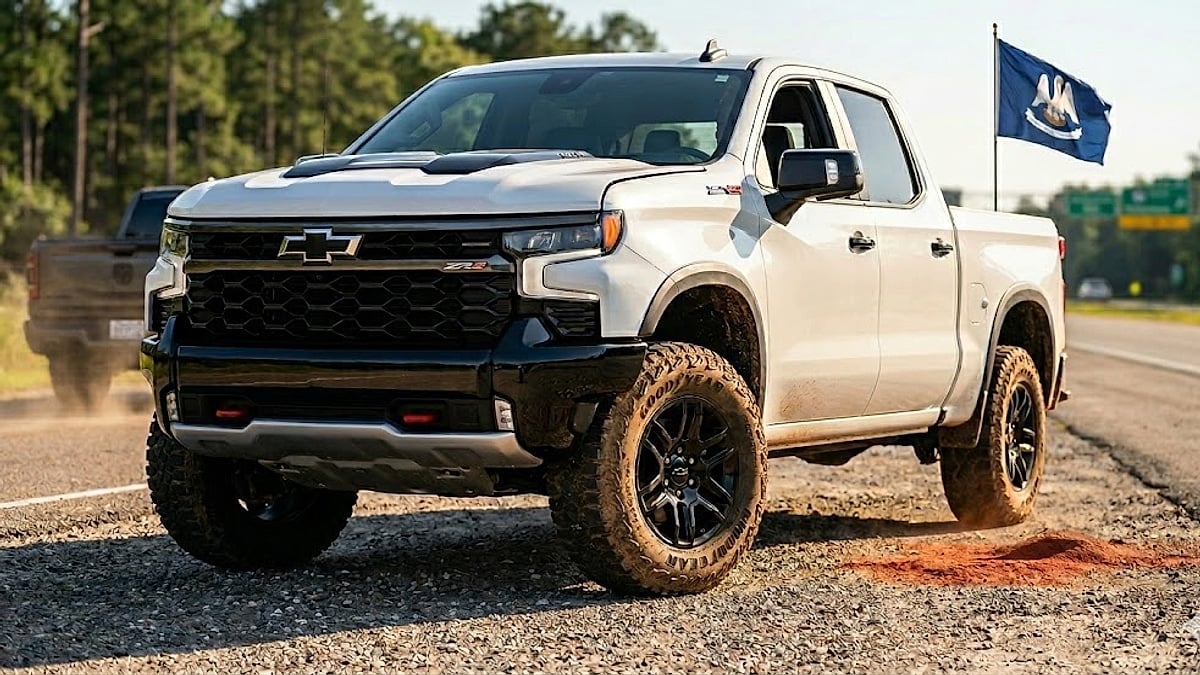 A new 2026 Chevrolet Silverado ZR2 with 6.2L engine in white, parked on a Louisiana roadside