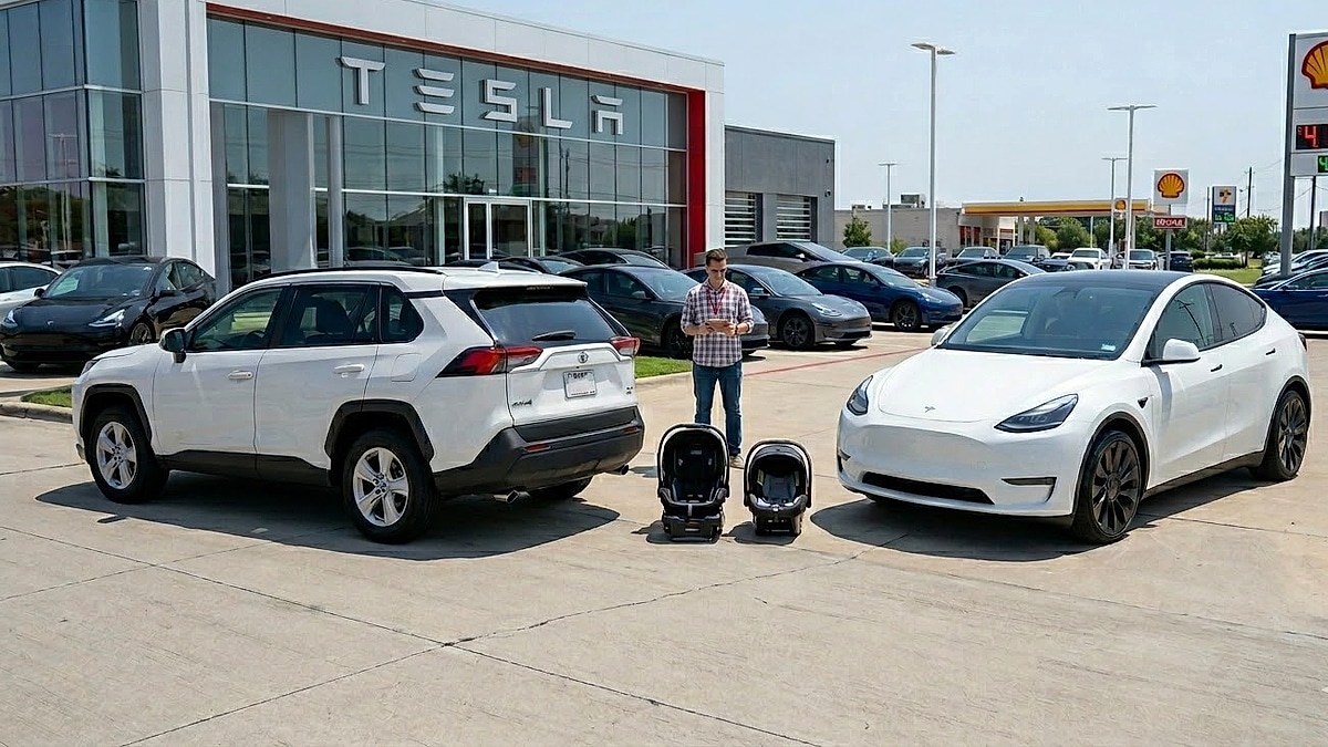 A parent with a tablet compares a used Toyota RAV4 trade-in with a new Tesla Model Y at a dealership