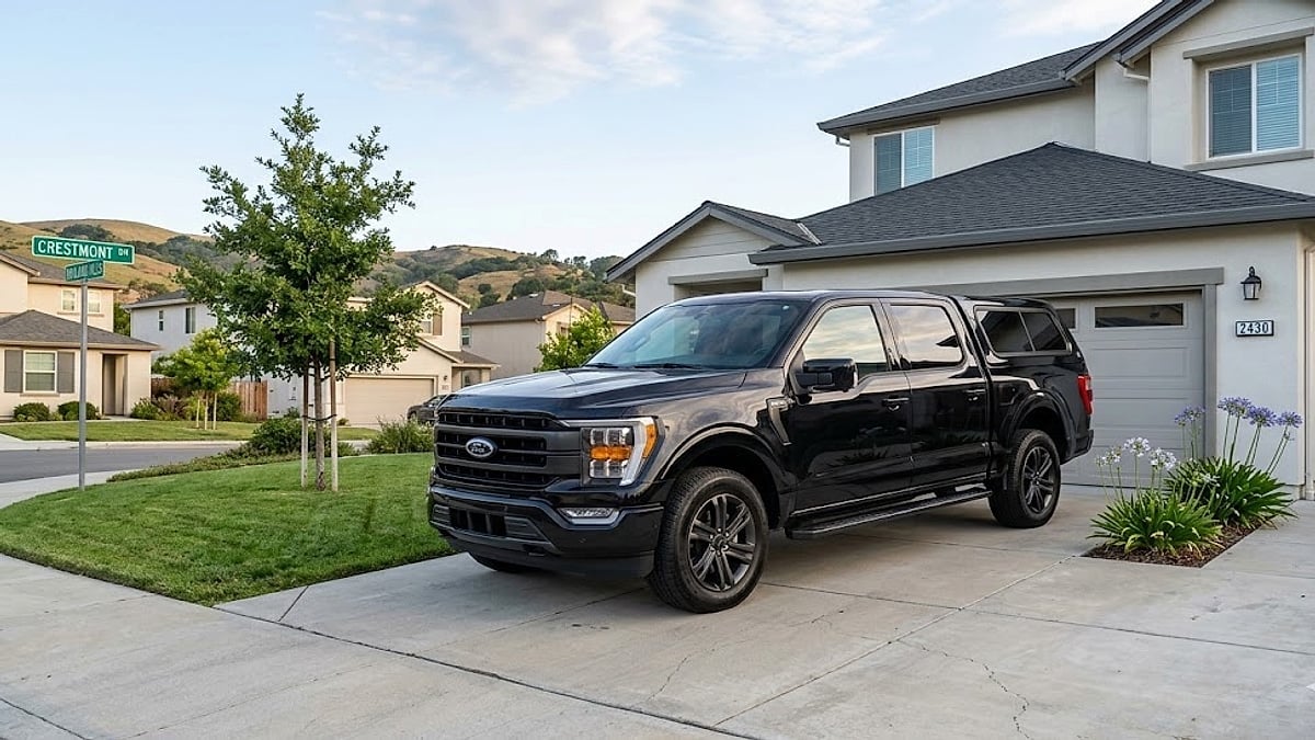 A photograph of a black 2026 Ford F-150 5.0L parked in a suburban driveway in Oakland, California, near Crestmont Drive