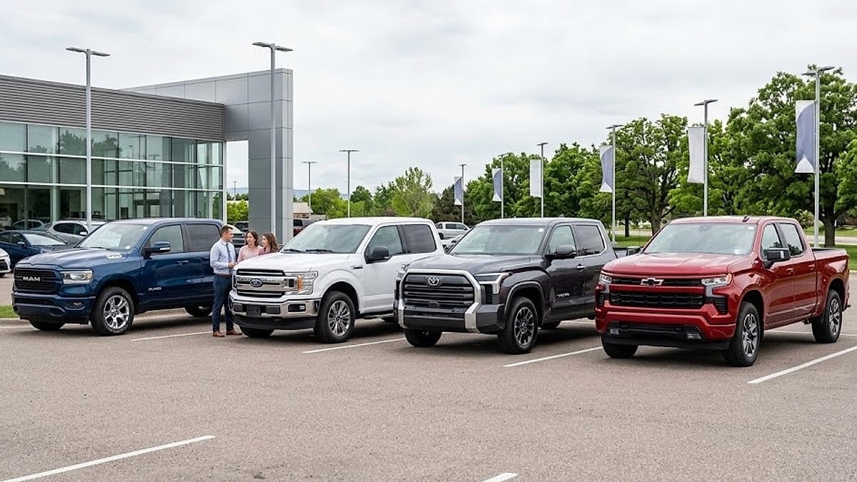 A photograph of four new pickup trucks -Ram 1500, Ford F-150, Toyota Tundra, and Chevy Silverado -parked for sale on a dealership lot in Colorado