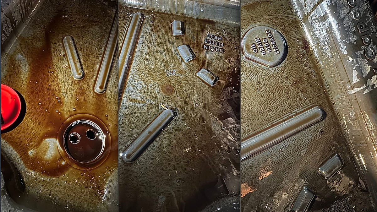 A picture of Trevor Christensen's 2024 Toyota Tacoma oil pan with metal seen clearly in the bottom of the drained pan