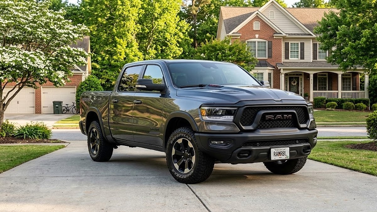 A polished Granite Crystal 2025 Ram Rebel parked in a clean suburban Georgia driveway, ready for a standard commute