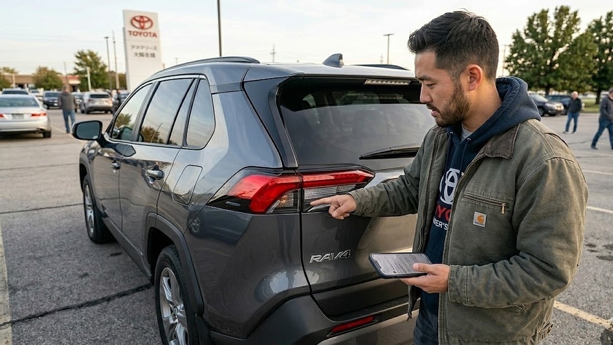 A prospective 2026 Toyota RAV4 buyer points at the rear taillight and discusses features using a smartphone at a dealership