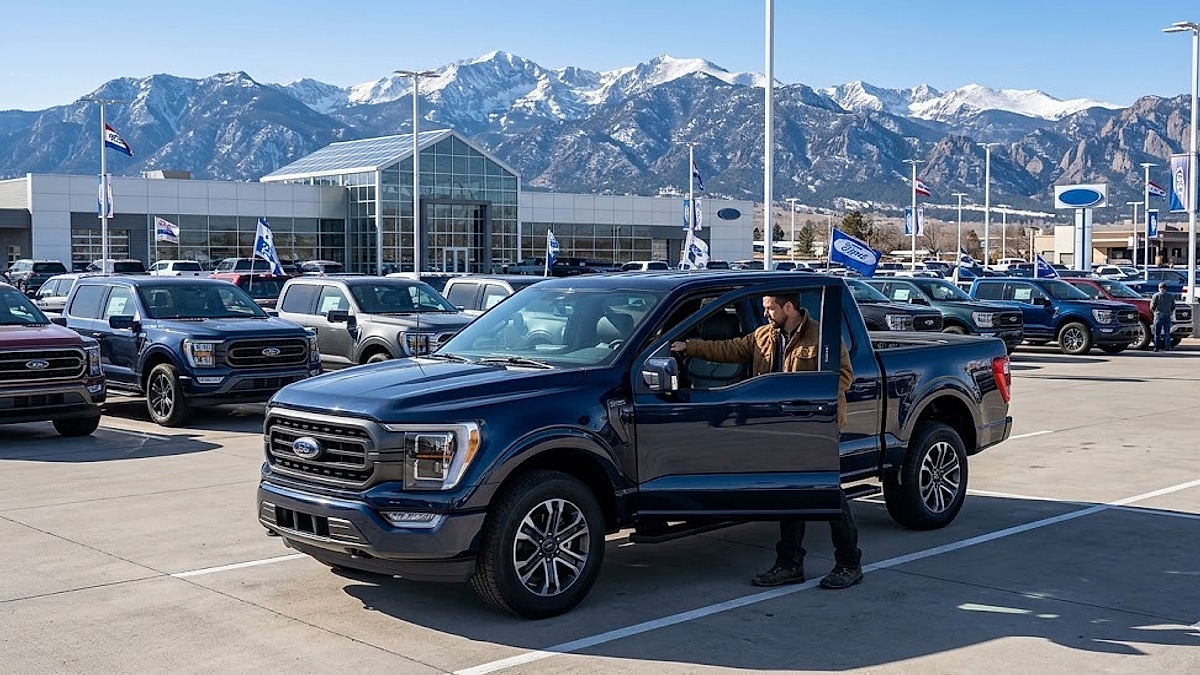 A prospective buyer examines a new 2025 Ford F-150 on a dealership lot, against a breathtaking background of the snow-capped Colorado Rocky Mountains