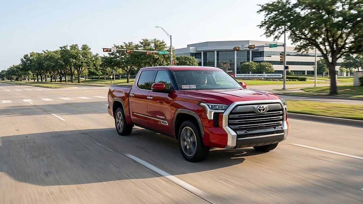 A red 2023 Toyota Tundra Limited driving past Toyota Headquarters in Plano, Texas, captured during real-world reliability field testing