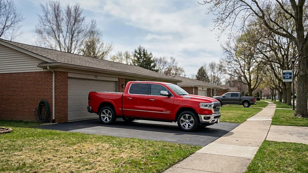 A red 2026 Ram 1500 truck in a Michigan driveway, highlighting skyrocketing truck prices for the March 22, 2026 news cycle