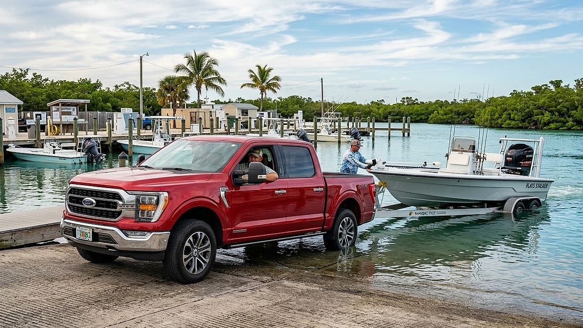 A red Ford F-150 towing a white 22-ft flats boat launches from a wet concrete ramp into clear, mangrove-lined water