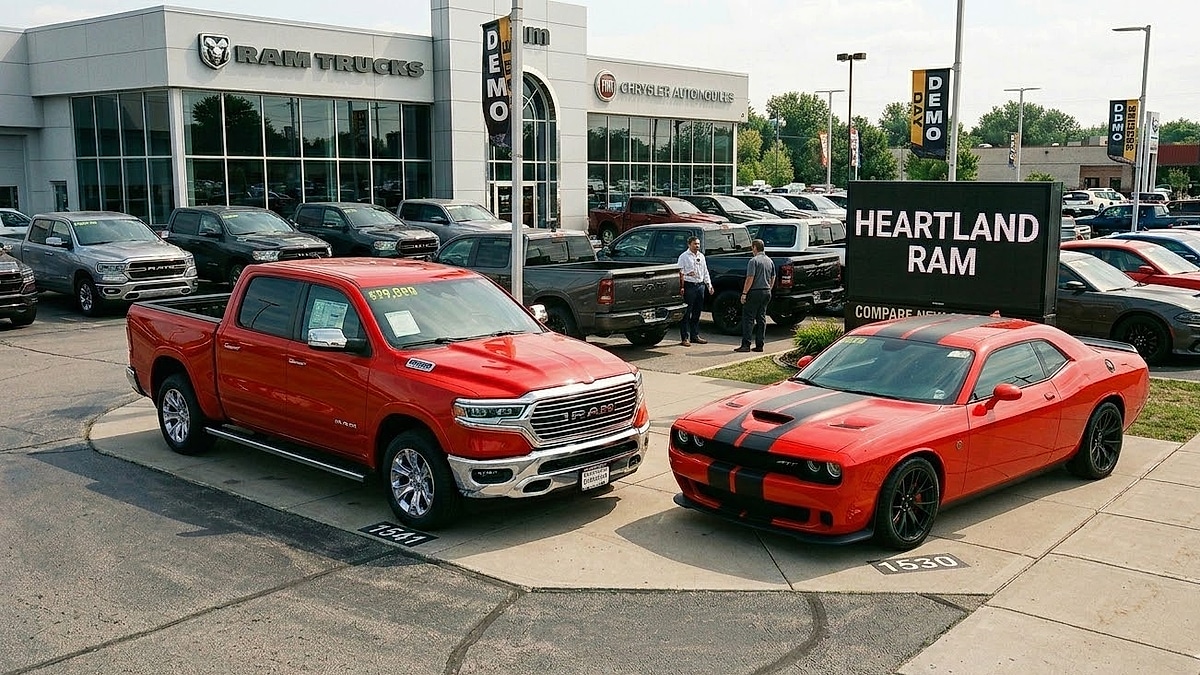 A red Ram 1500 and a red Challenger on display at Heartland Ram Dodge dealership, showcasing massive inventory and high prices