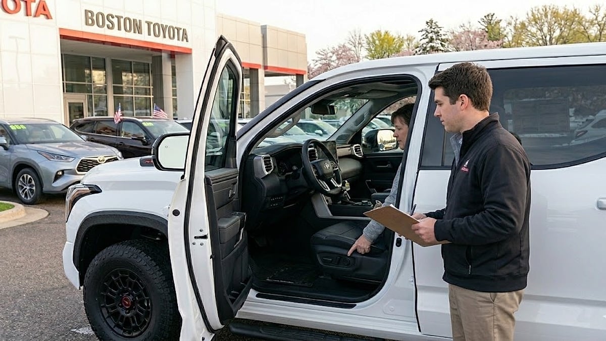 A salesperson discusses a new Tundra with a customer at the 'BOSTON TOYOTA' dealership in this detailed photograph
