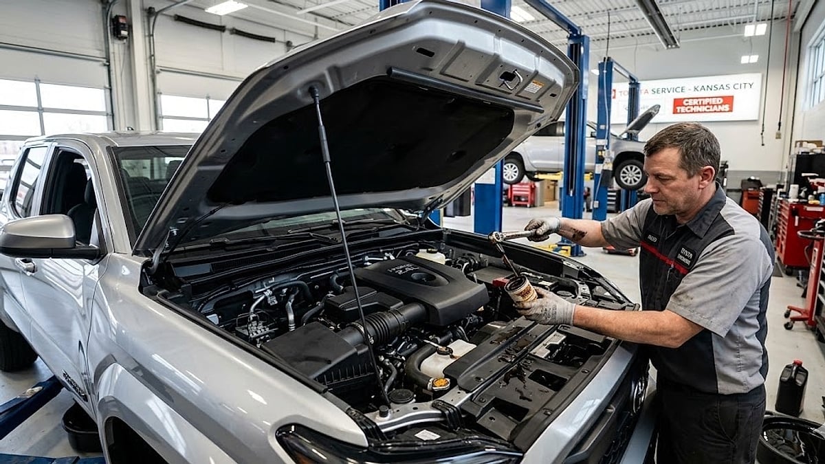 A service technician working on the turbocharged engine of a silver 2024 Toyota Tacoma in a modern service bay