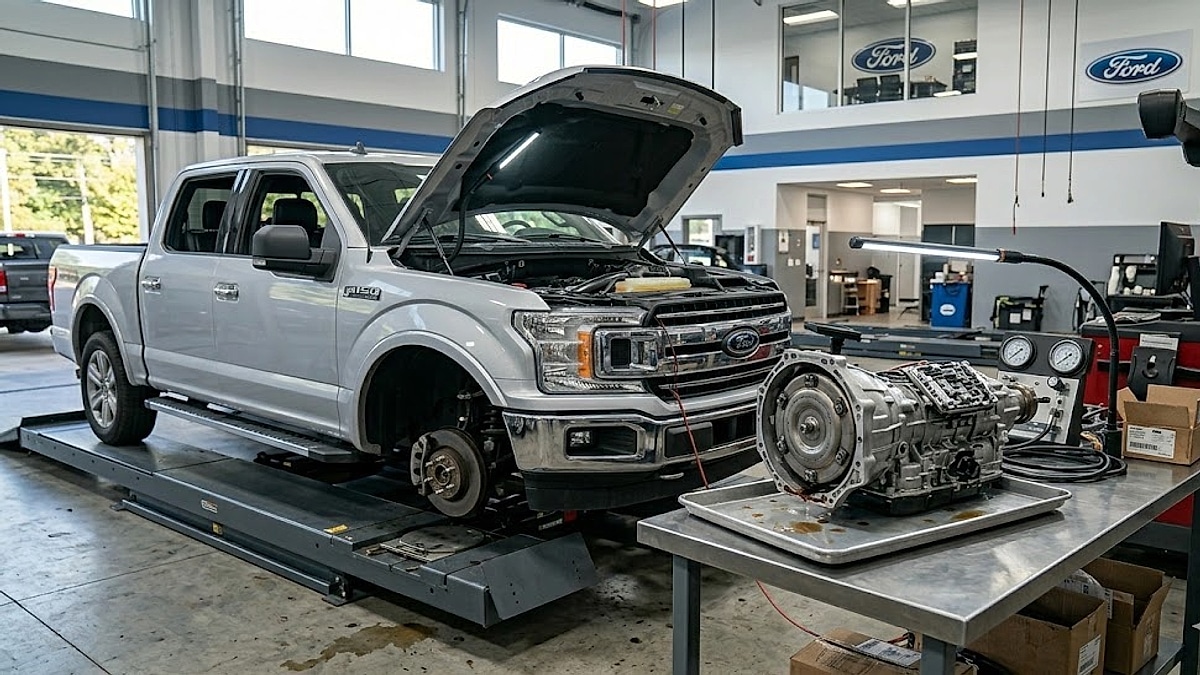 A silver 2020 Ford F-150 in a modern dealer's service bay with the transmission sitting on the workbench