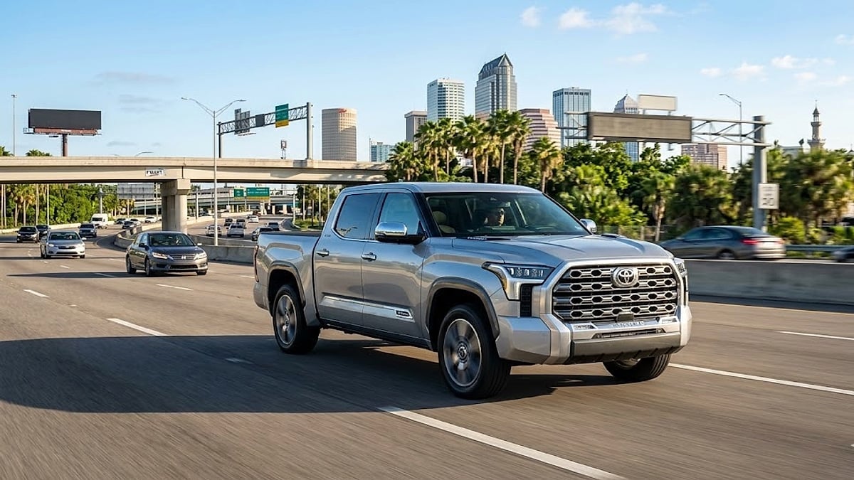 A silver 2024 Toyota Tundra Platinum truck drives on a Tampa highway with the downtown city skyline visible