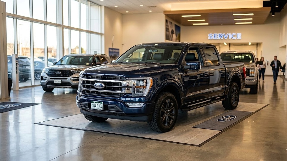 A sleek, high-resolution 2026 Ford F-150 truck showcases modern automotive design on a brightly lit dealership showroom floor