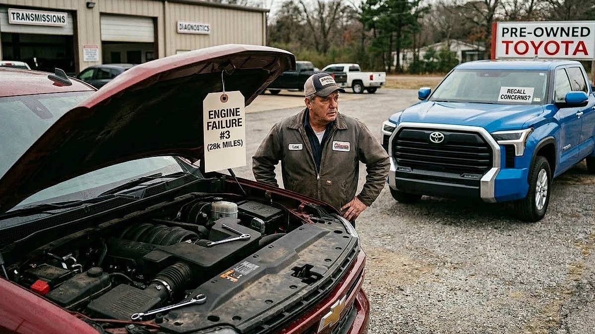A tech looking at the Chevy Silverado after a third engine failure with the Toyota Tundra in the background
