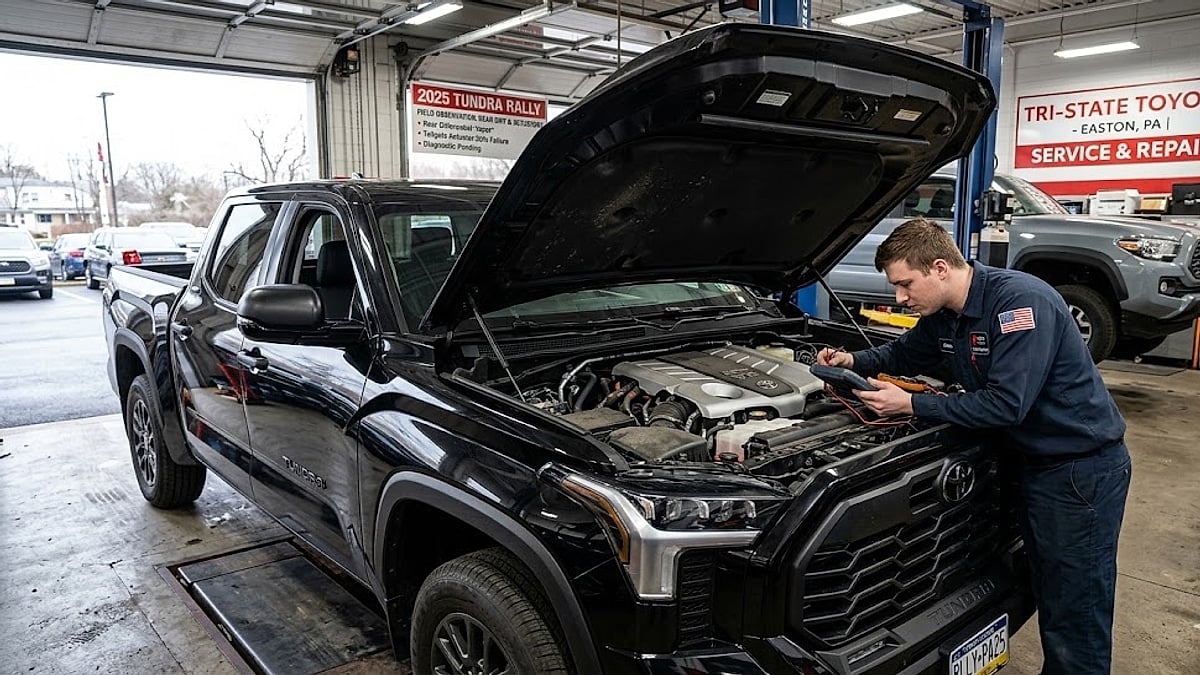 A technician diagnoses a 2025 Tundra Rally's differential and tailgate failures in a Pennsylvania dealer service bay