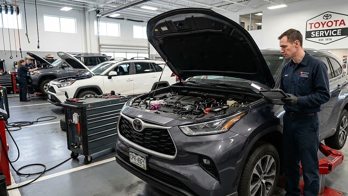 A technician diagnoses a gray Toyota Highlander with its hood up on a lift in a Toyota service bay
