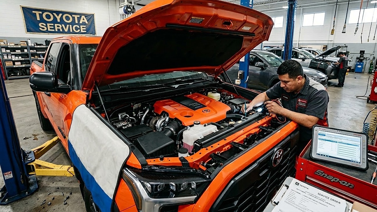 A technician diagnoses an orange Toyota Tundra engine in a service bay, referencing a computer tablet and tools