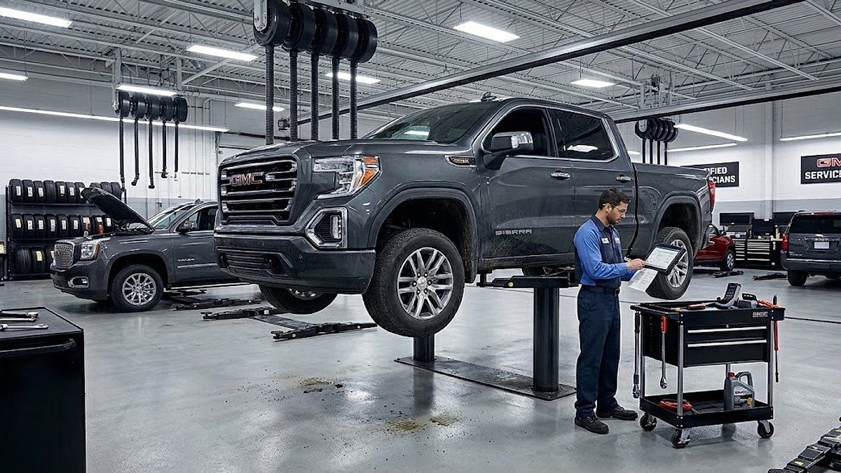 A technician uses a tablet to diagnose a 2020 GMC Sierra elevated in a dealership service bay