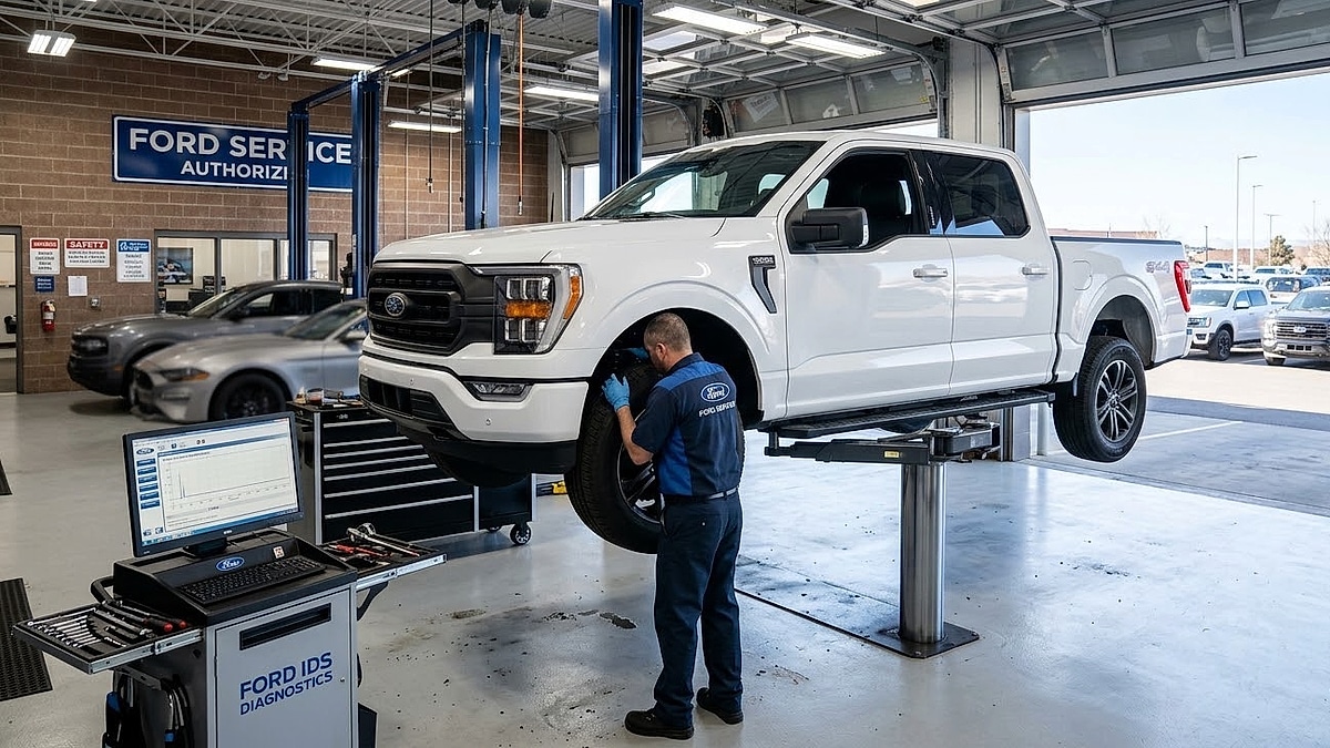 A technician uses specialized diagnostics to inspect a white Ford F-150 raised on a hydraulic lift inside the Ford dealer's service bay