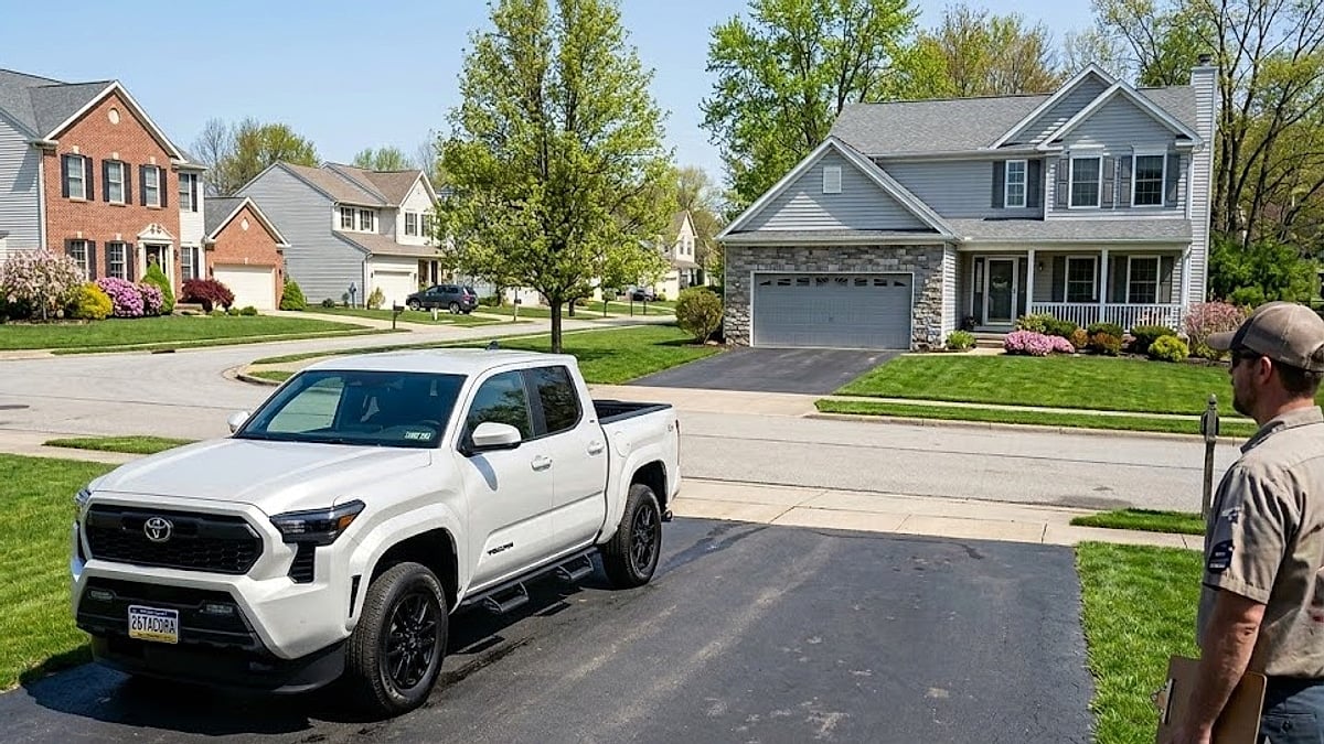 A white 2026 Toyota Tacoma SR5 parked in a suburban Pennsylvania driveway, representing the owner’s switch from a Chevy Silverado