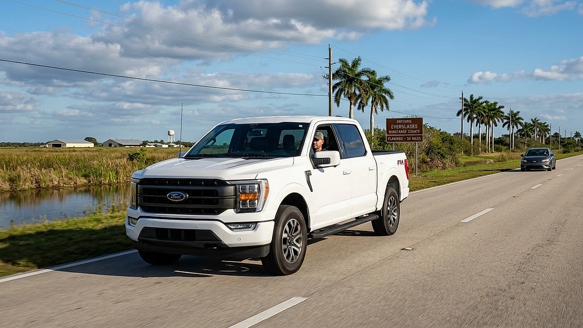 A white Ford F-150 drives past a Brown Sign for 'EVERGLADES MIAMI-DADE COUNTY' in Florida