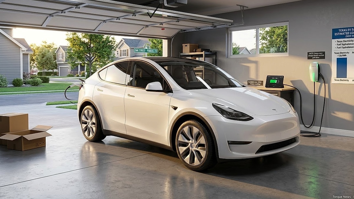 A white Tesla Model Y is connected to a home charger inside a suburban home's garage in Texas