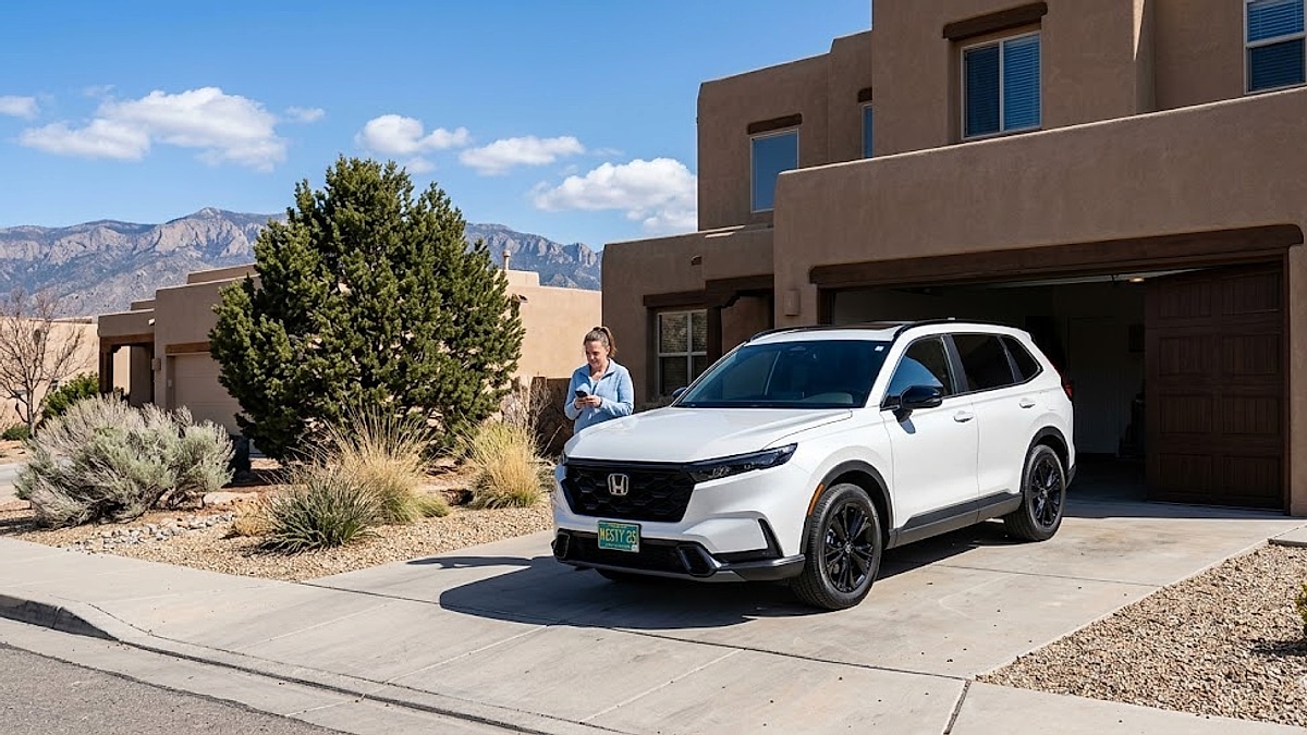 A woman checks her phone by a 2025 Honda CR-V Hybrid Sport in an Albuquerque driveway with mountains behind