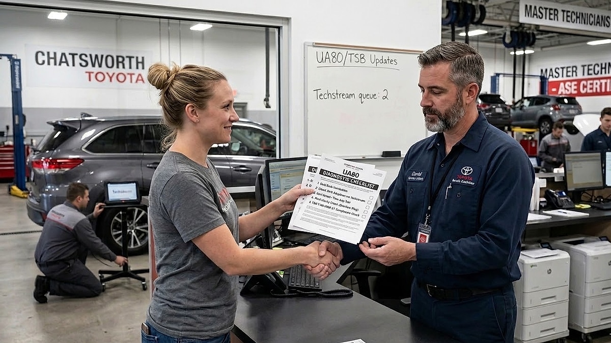 A woman presents a service checklist and shakes hands with an advisor at Chatsworth Toyota dealership
