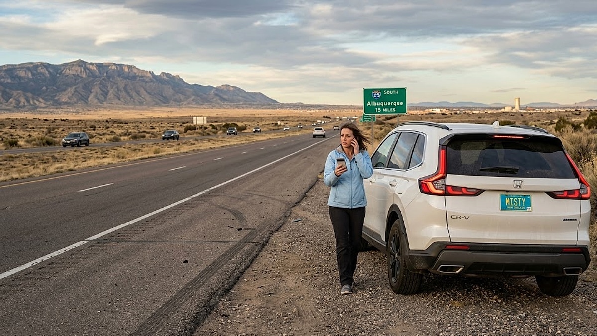 A woman stands distressed by her stalled 2025 Honda CR-V on an Albuquerque highway, making a roadside assistance call