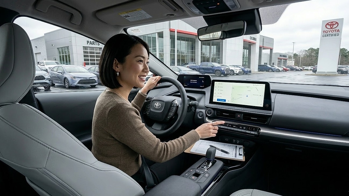 A young Asian buyer evaluates the driver-focused cockpit and advanced infotainment of a 2025 Toyota Prius Limited in Columbia