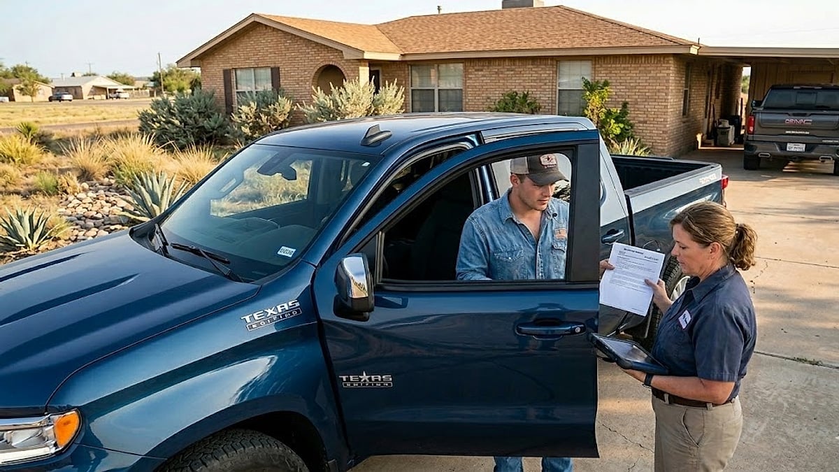 A young Silverado owner and female technician review service documents beside a blue 2024 Chevy 5.3L V8 in a driveway