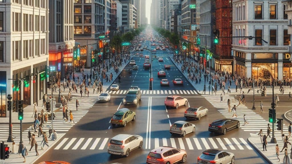 Cars driving on city streets (AI-generated)