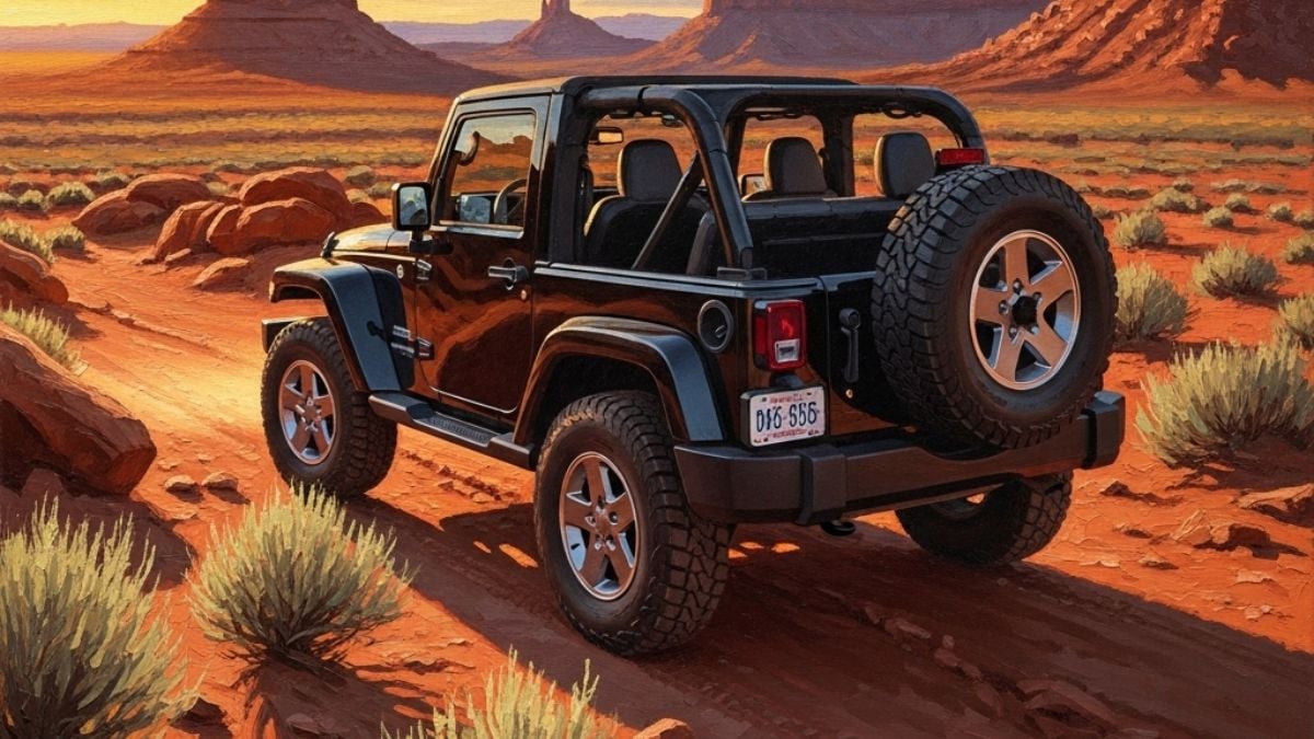 Another Jeep Wrangler in a desert road with a spare tire mounted on the rear gate
