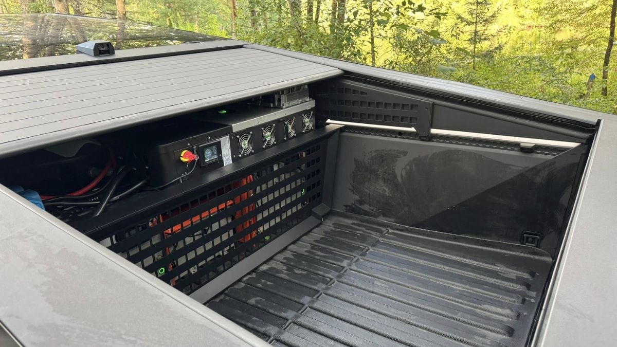 Another view of Neil's Cybertruck Range Extended installed in the bed of the truck