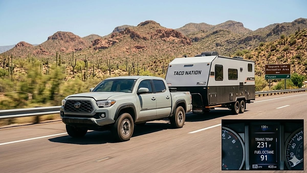 Arizona 2022 Toyota Tacoma owner uses 91 octane and ScanGauge to monitor transmission temps while towing a 5,100 lb trailer
