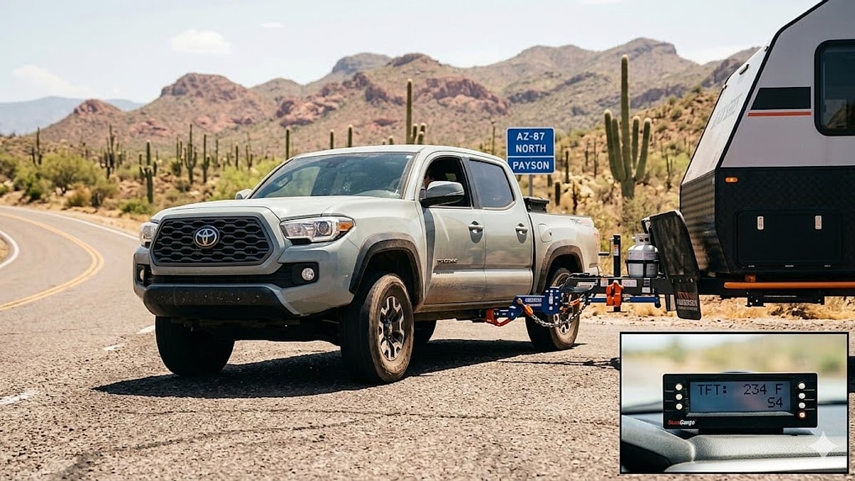 Arizona Tacoma owner tests 91 octane and transmission cooling while towing a 5,100 lb trailer on hot desert roads
