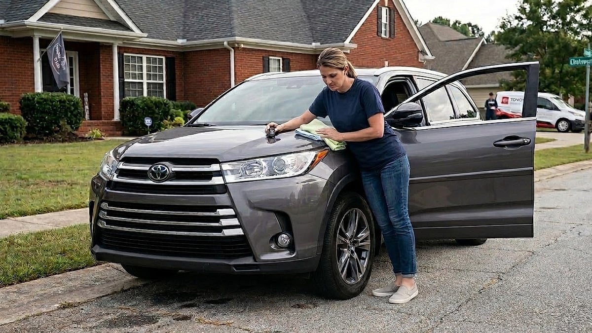 Ashley is standing next to her Toyota Highlander in front of her house after she feels hard and erratic shifting