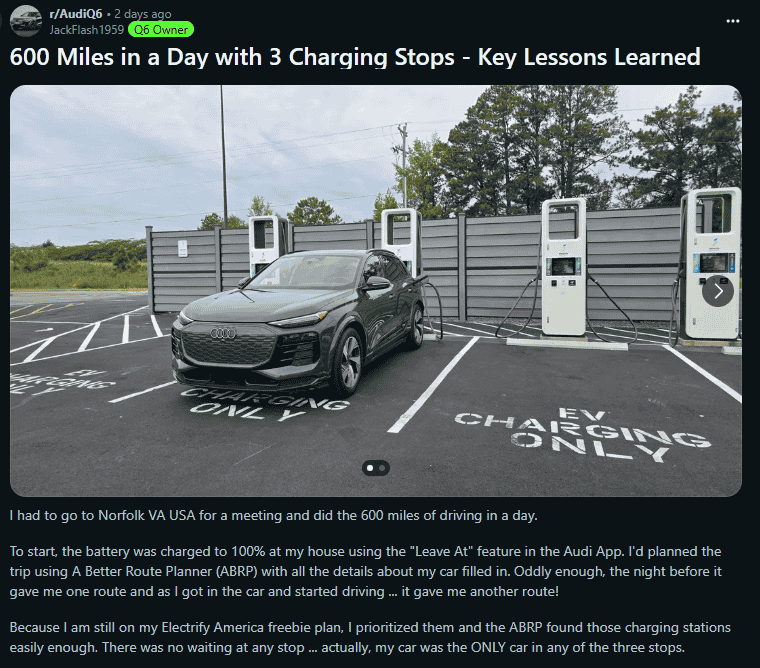 An Audi Q6 parked at EV charging stations, showcasing a busy day of driving 600 miles with three charging stops.