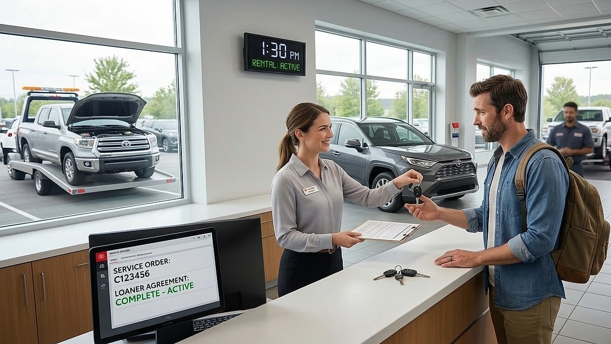 Austin being handed the keys to a Toyota loaner vehicle