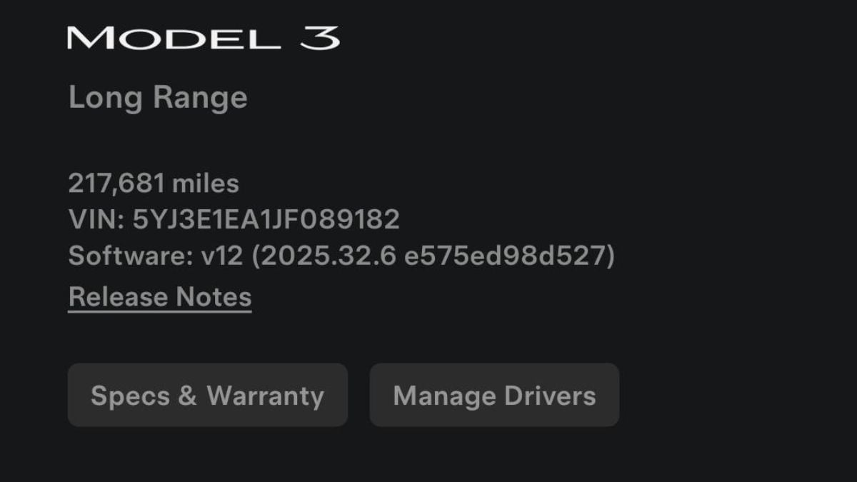 Austin's Tesla Model 3 Long Range vehicle information screen showing 217,681 miles, VIN number, and software version v12 with system settings options.