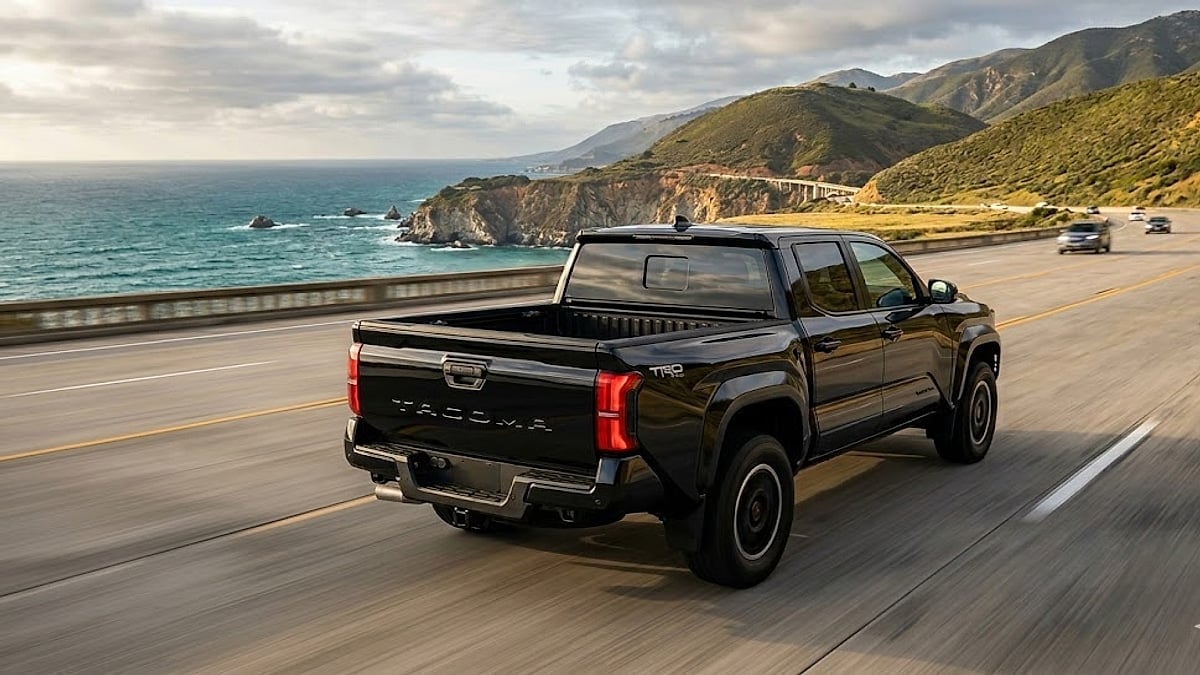 Black 2025 Toyota Tacoma driving on California's Bixby Creek Bridge, demonstrating 4th-gen structural safety and TNGA-F platform road performance